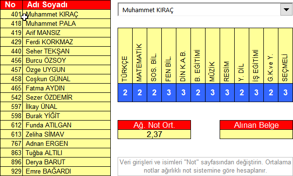 Excel ile başarı gözlem uygulaması