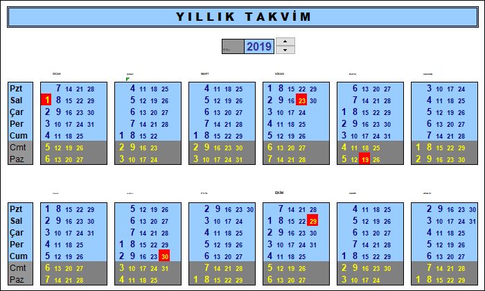 Excel takvim uygulaması