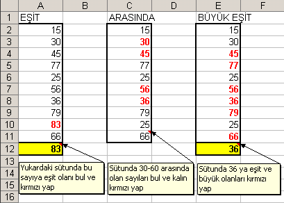 Excel koşullu biçimlendirme