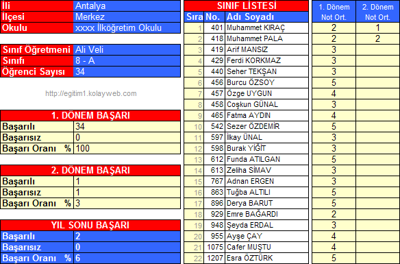 Excel öğrenci not girişi