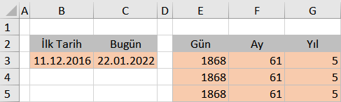 Excel tarih farkları