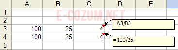 Excel bölme işlemi