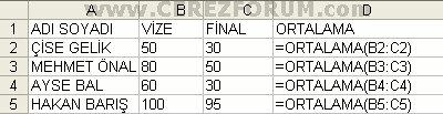 Excel ortalama