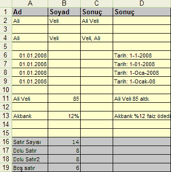 Excel satır sütun işlemleri