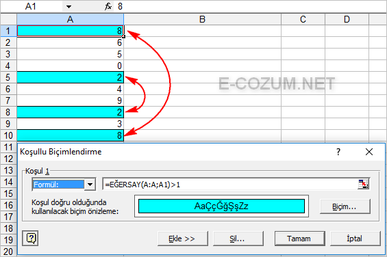 Excel tekrar edenleri bulma