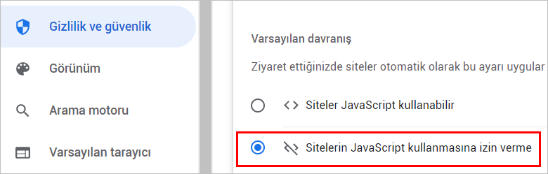 Chrome JavaScript kapatma ayarı