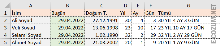 Excel ile ay, gün, yıl hesaplama