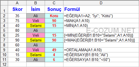 Excel sütun işlemleri