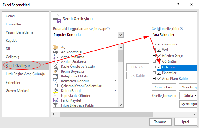 Excel geliştirici sekmesi