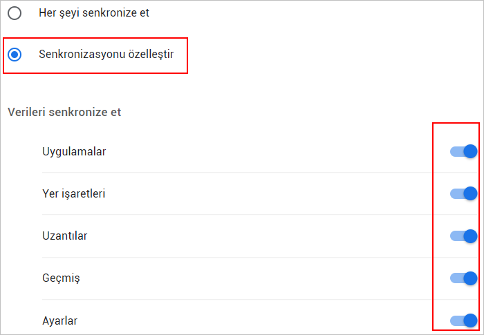 Chrome Senkronizasyonu özelleştirme