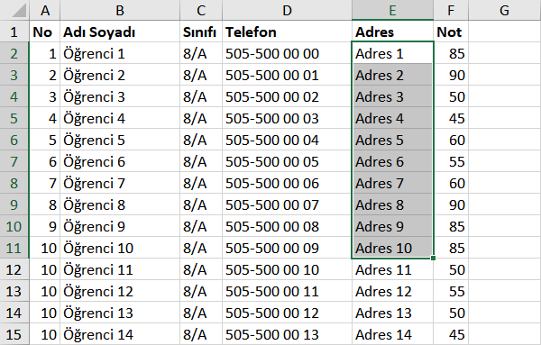 Excel belirli hücreleri gizleme