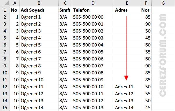 Excel belirli hücreleri gizleme