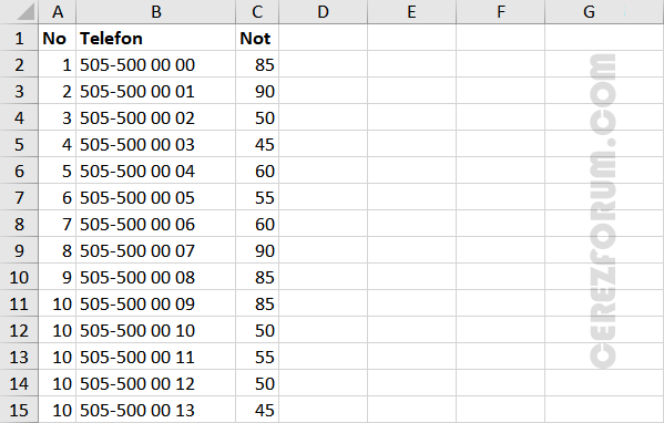 Excel birden çok sütun gizleme