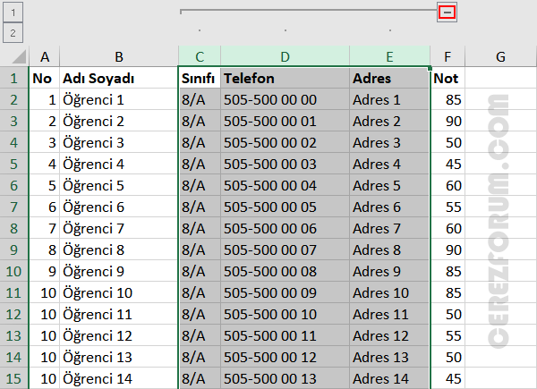 Excel grup gizleme