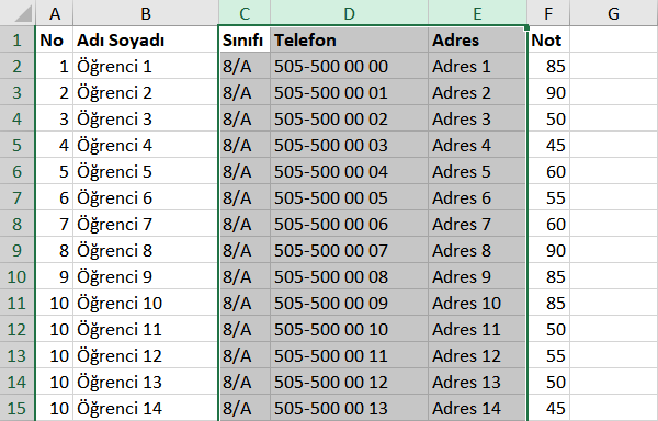 Excel sütunları gruplayarak gizleme