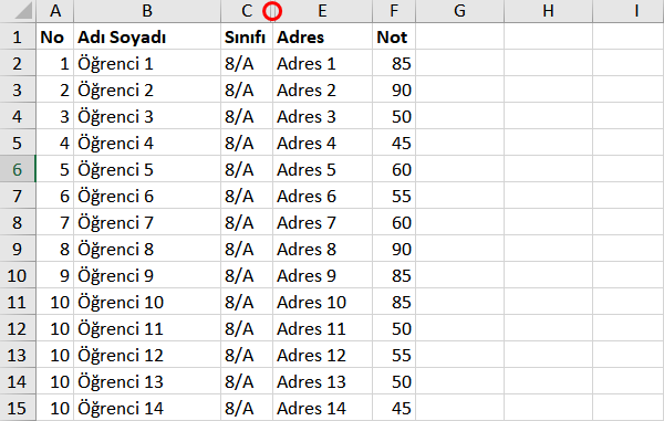 Excel sütun gizleme