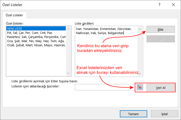 Excel özel liste oluşturma