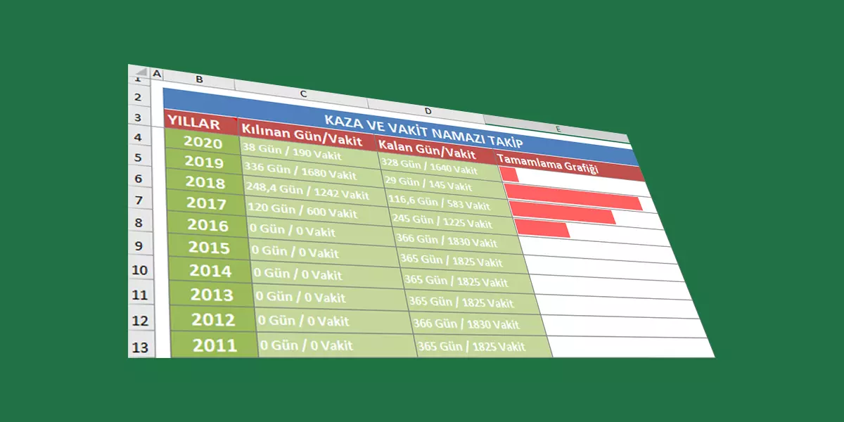 Excel kaza namazı takip programı