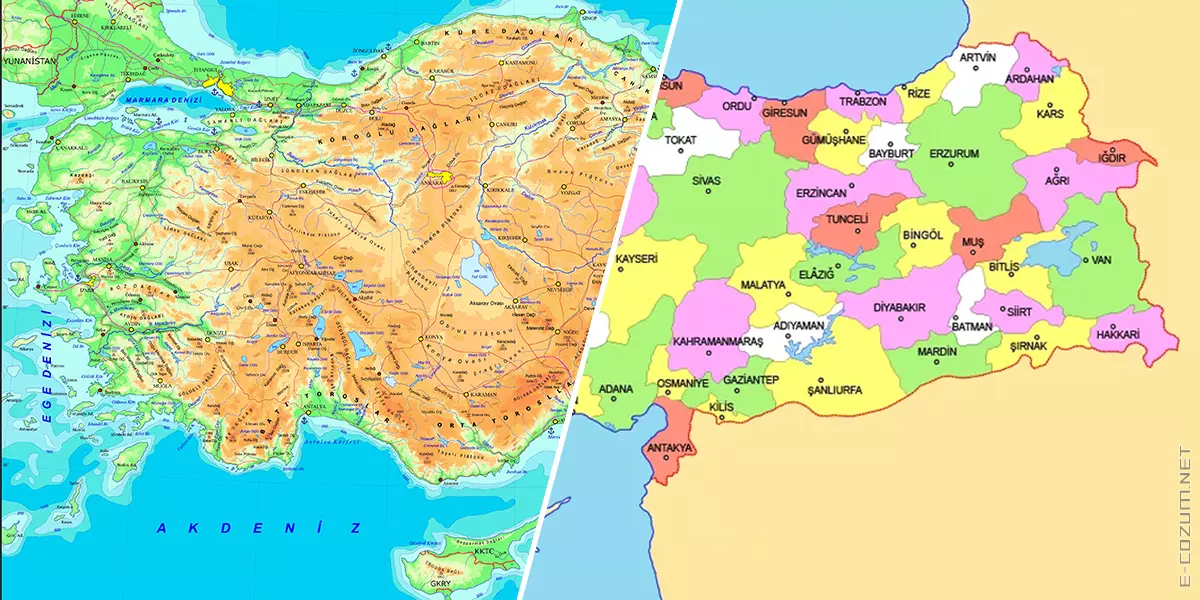 Türkiye fiziki ve siyasi harita birleşimi